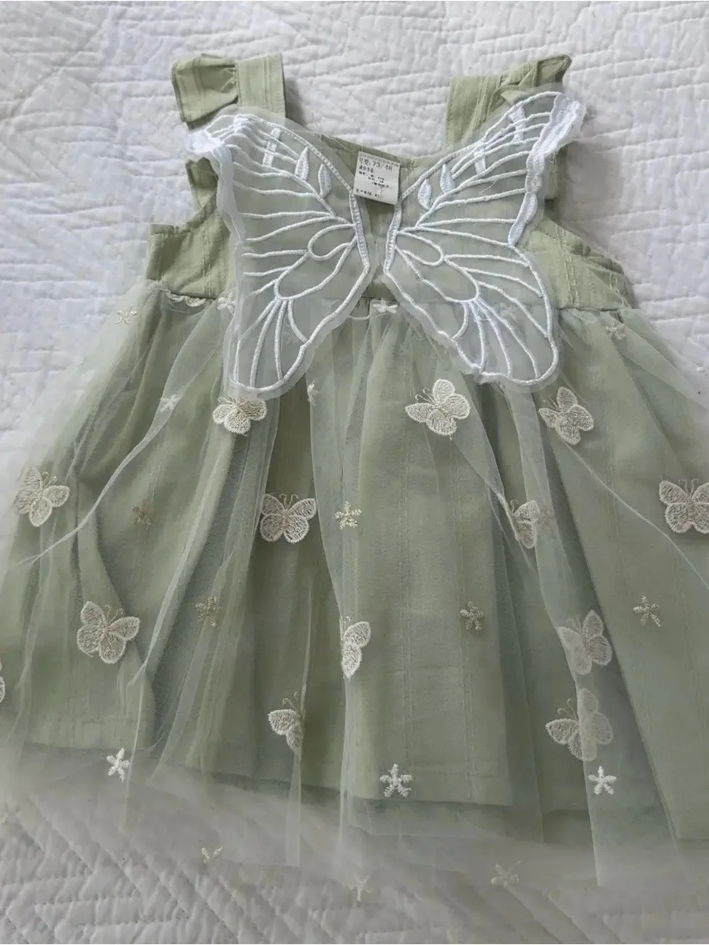 Green Tulle Butterfly Dress with White Embroidered Wings